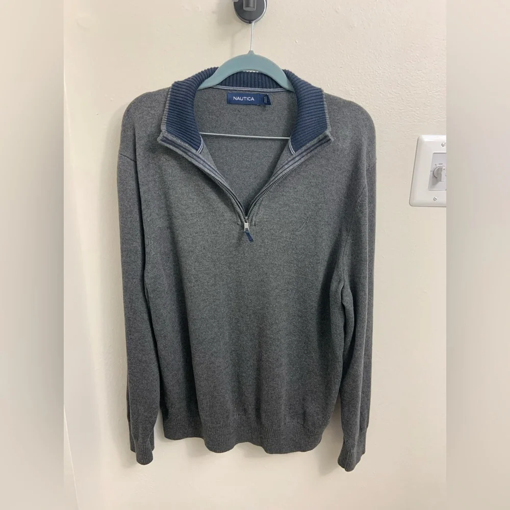 Nautica Gray Quarter Zip Sweater Pullover Ribbed Collar Cotton Blend Men’s Large - Picture 2 of 8